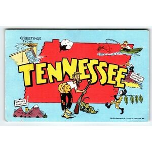 Postcard Greetings From Tennessee Map Linen Hillbilly Smokey Mountains 1955